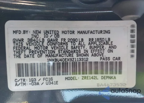 2009 Toyota Corolla Xle z USA, uszkodzony, nr VIN 1NXBU40EX9Z113312